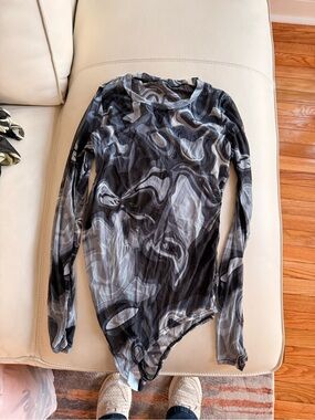 Abstract Print Sheer Mesh Bodysuit